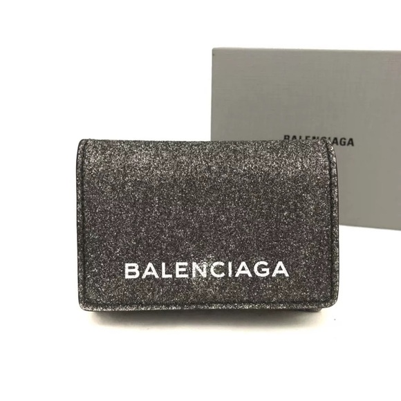 Balenciaga Handbags - Authentic BALENCIAGA Logo Glitter Leather Trifold Wallet Black with box
